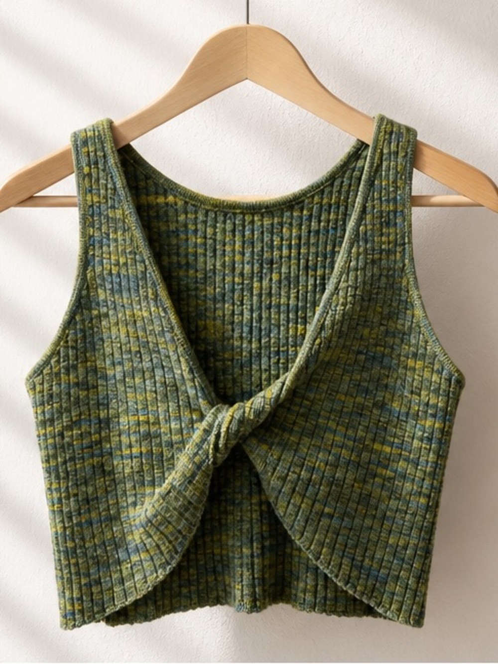 Ghanda Green Blue Ribbed Knit Twist Front Crop Tank Top Marbled Stretchy S/M/L
